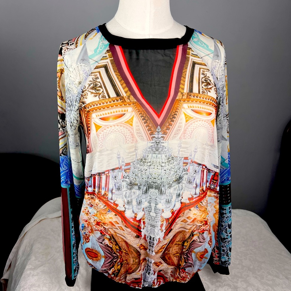 Size S Small Clover Canyon sheer long sleeve blouse Made In the USA chandelier